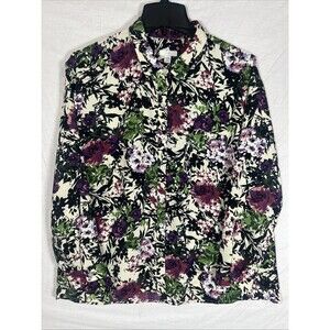 J. Jill Medium Petite Purple Floral Button Up Blouse MP Botanical Boho Workwear